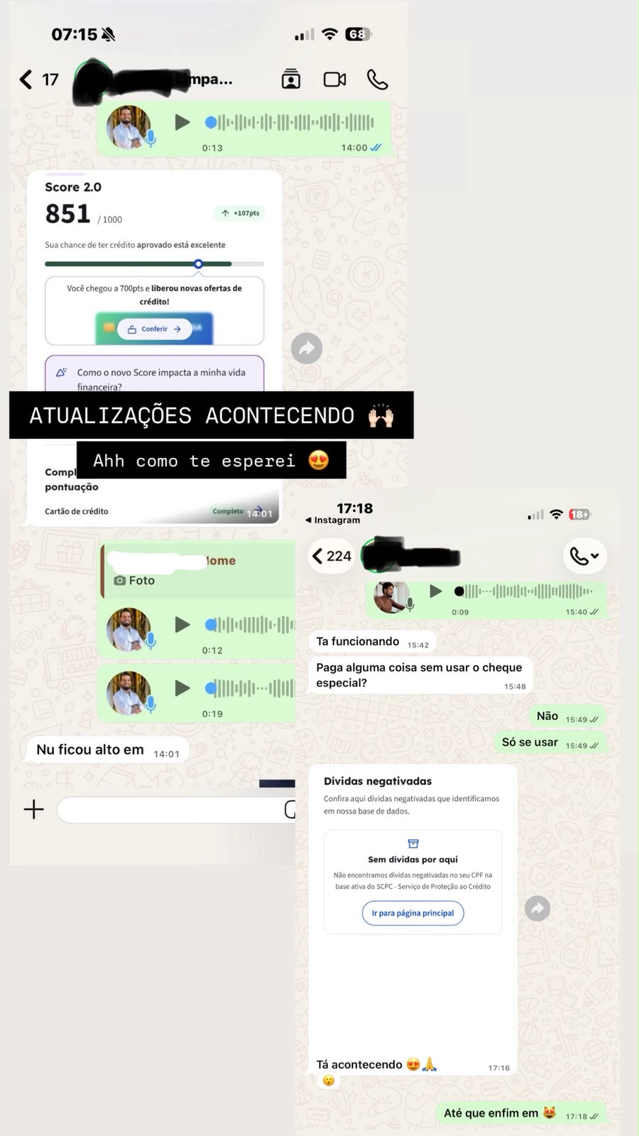 Score de cliente após acompanhamento: 851, +107 pontos