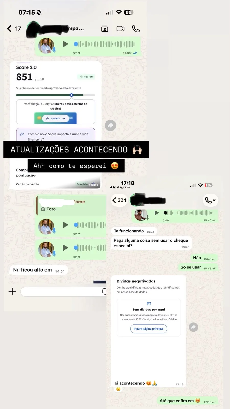 Score de cliente após acompanhamento: 851, mais 107 pontos